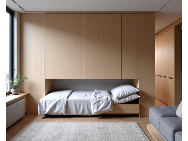 Modern pull-down bed integrated into a living room wall, transforming into a sleek sofa during the day, optimizing space in a micro-apartment.