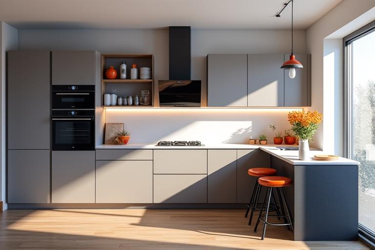 Contemporary kitchen with island and high-end appliances in an apartment setting